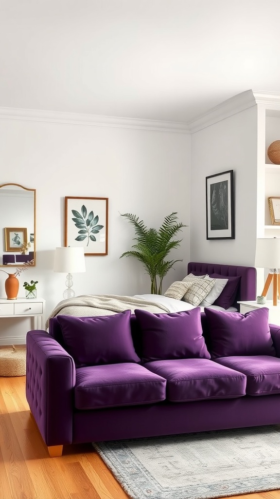 A cozy bedroom featuring an eggplant purple sofa, white bedding, and a plant, creating a stylish and inviting atmosphere.