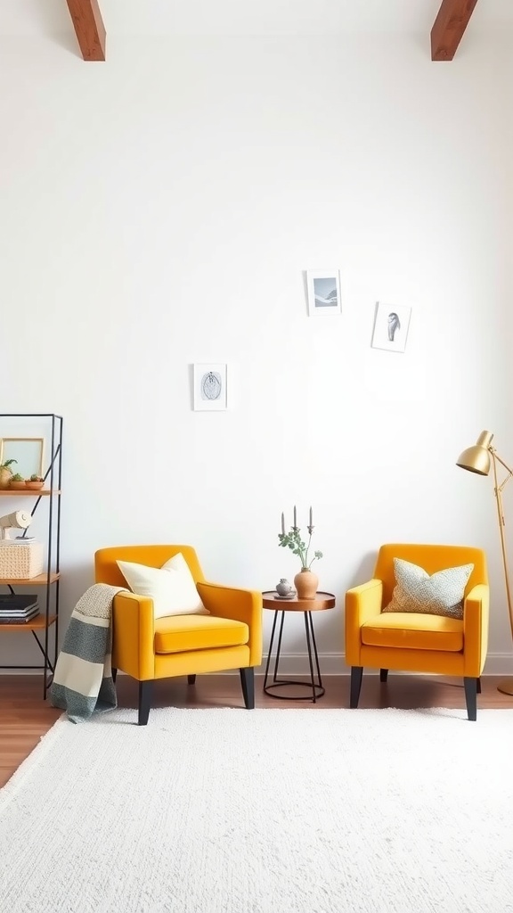A cozy bedroom corner featuring two mustard yellow accent chairs with a side table, decorative candles, and a light rug.