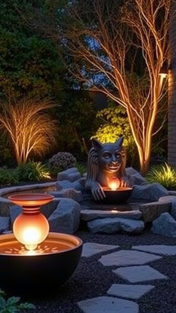 A beautifully lit garden featuring a statue and decorative bowls, surrounded by trees and rocks.