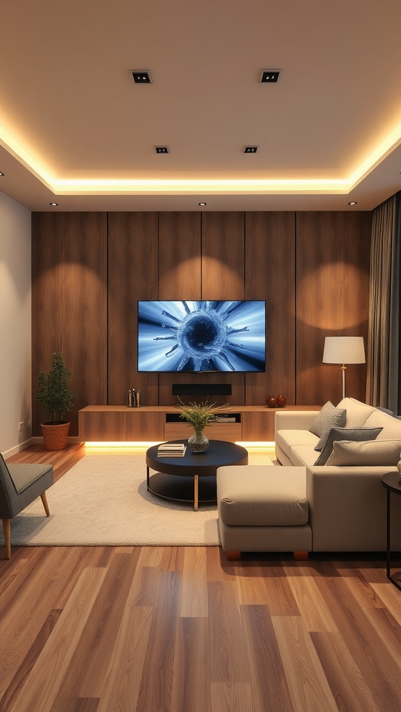 A stylish living room featuring a TV wall with accent lighting, wooden panels, and cozy furniture.