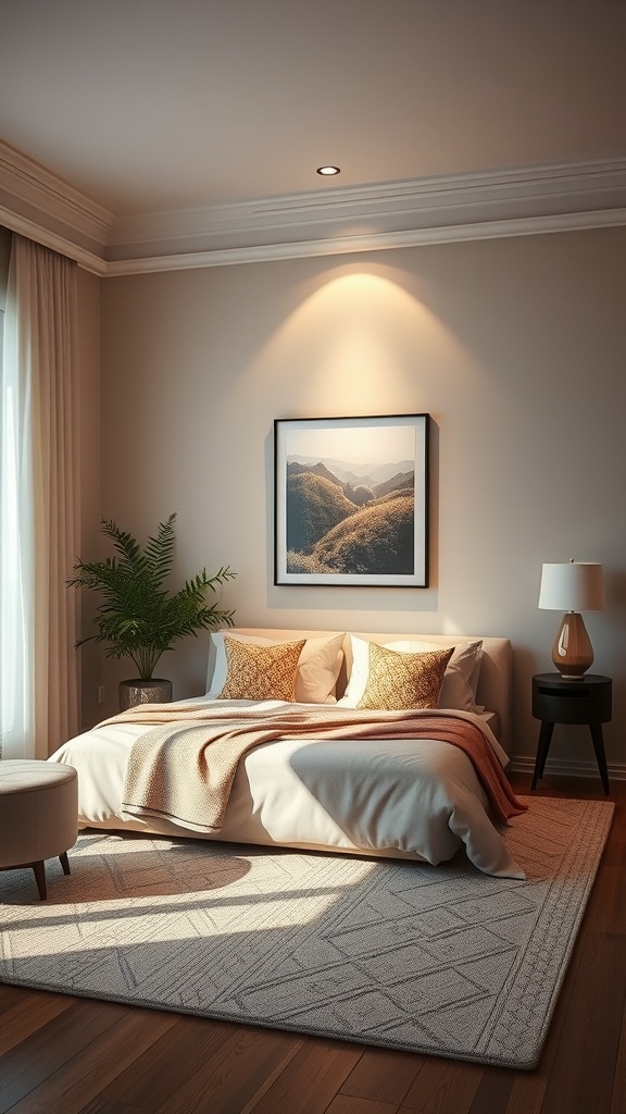 A cozy living room with a well-lit artwork above a bed, featuring soft lighting and a modern aesthetic.