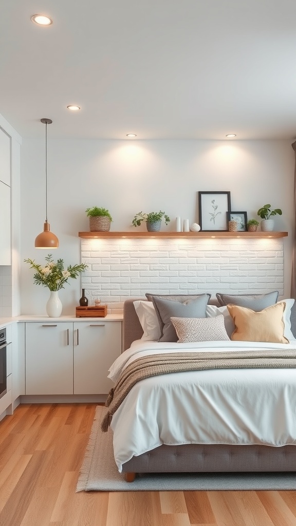 A modern kitchen with recessed and pendant lighting highlighting a textured wall and decorative elements.