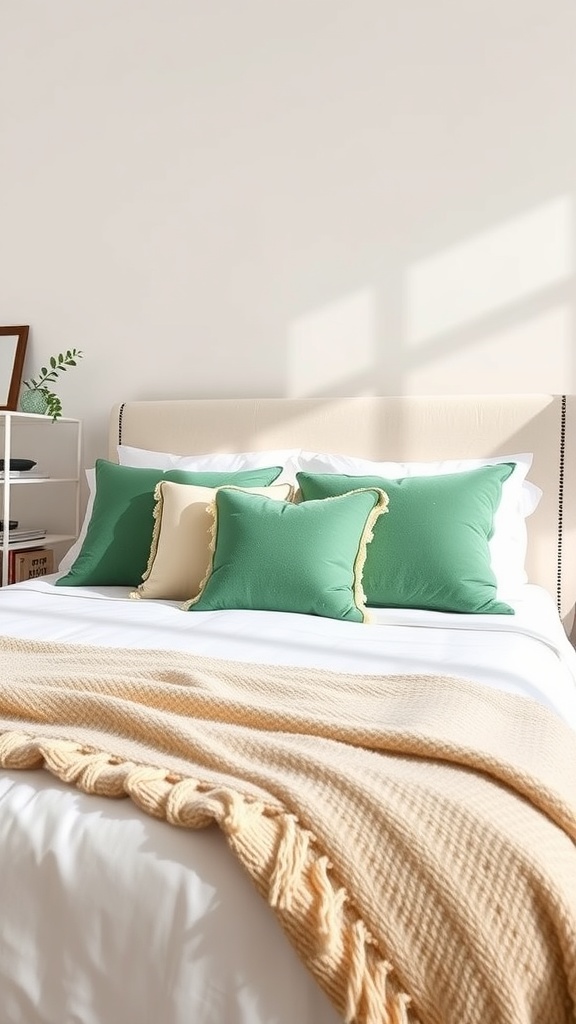 A cozy bedroom featuring accent pillows in various shades of green on a neatly made bed with a beige throw blanket.