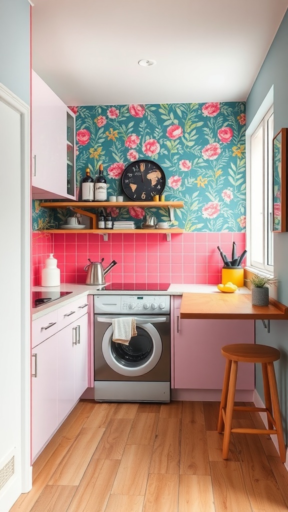 A tiny kitchen featuring a floral accent wall, pink tiles, and a warm wooden countertop.