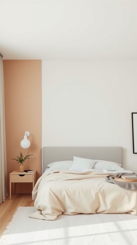 A neutral bedroom featuring an accent wall in peach shades, a gray headboard, a wooden nightstand, and soothing bedding.