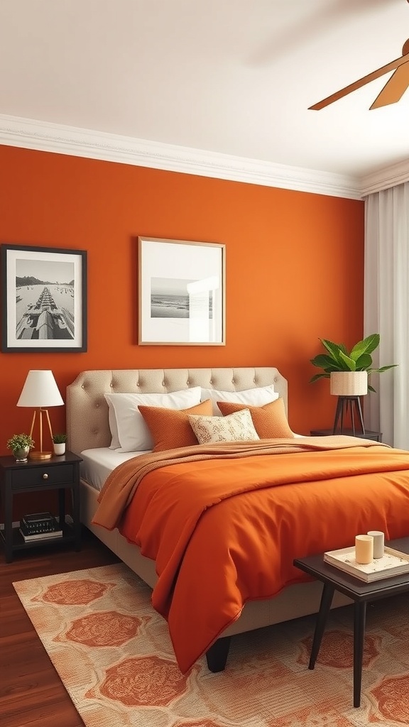 A cozy bedroom featuring a burnt orange accent wall, complemented by soft orange bedding and modern decor.