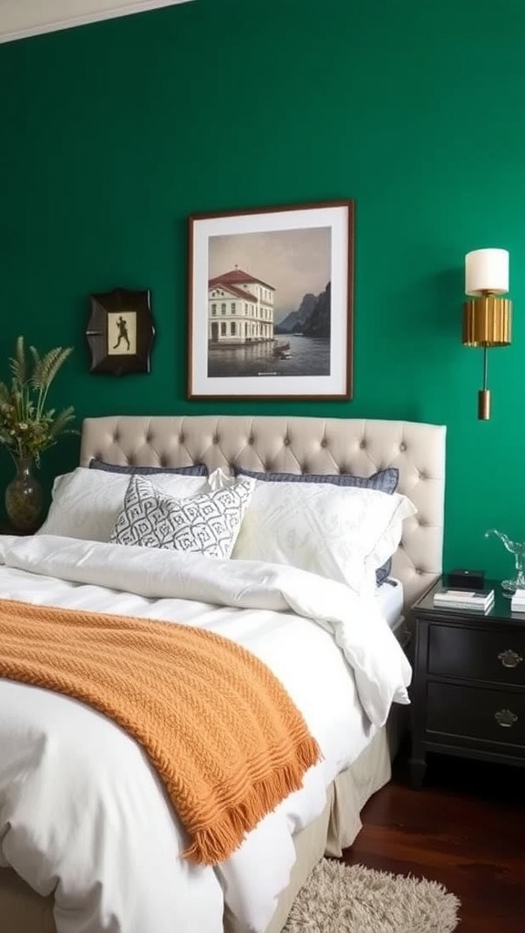 A cozy bedroom featuring an emerald green accent wall, a tufted headboard, and colorful bedding.