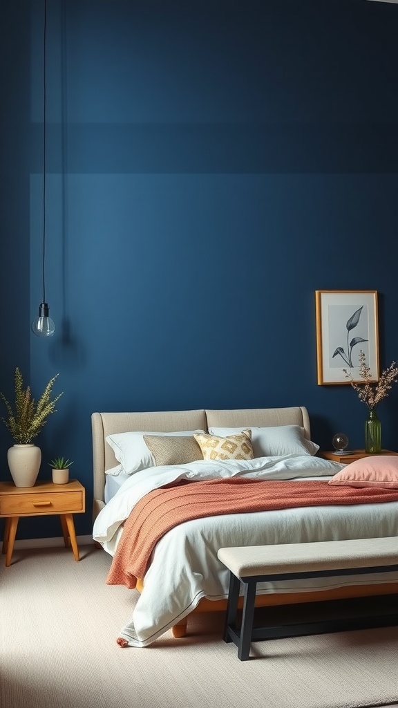 A bedroom with a bold blue accent wall, stylish bed, and warm decor elements.