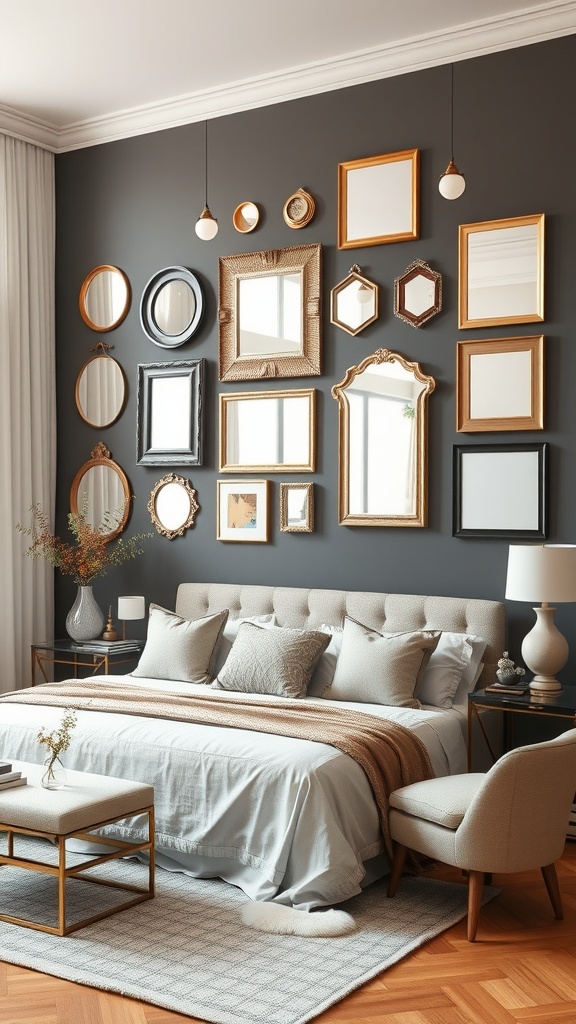 Accent wall with various framed mirrors in a stylish living room