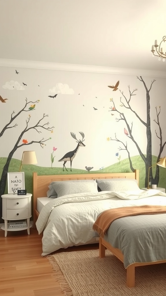 Bedroom with a mural accent wall featuring trees, birds, and a deer.