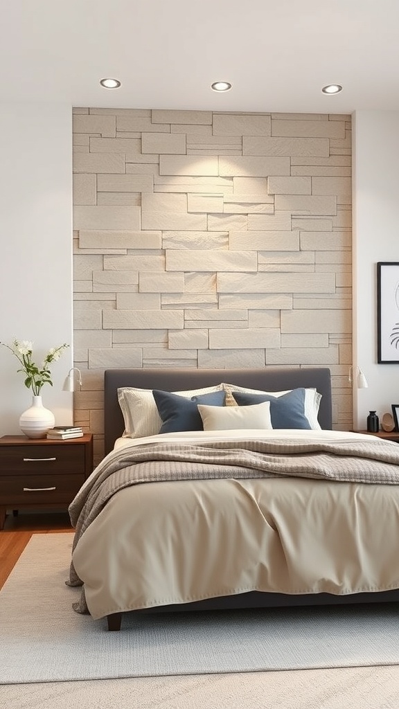 A cozy bedroom featuring an accent wall made of natural stone, with soft bedding and modern decor.