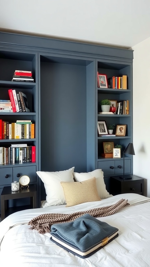 A cozy bedroom featuring a dark blue accent wall with built-in shelving, displaying books and decorative elements, beside a neatly made bed.