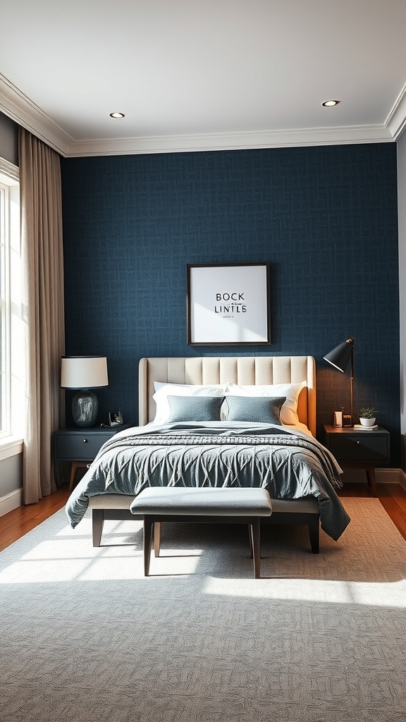 A small masculine bedroom featuring a dark blue accent wall, a beige bed with textured bedding, and stylish decor.