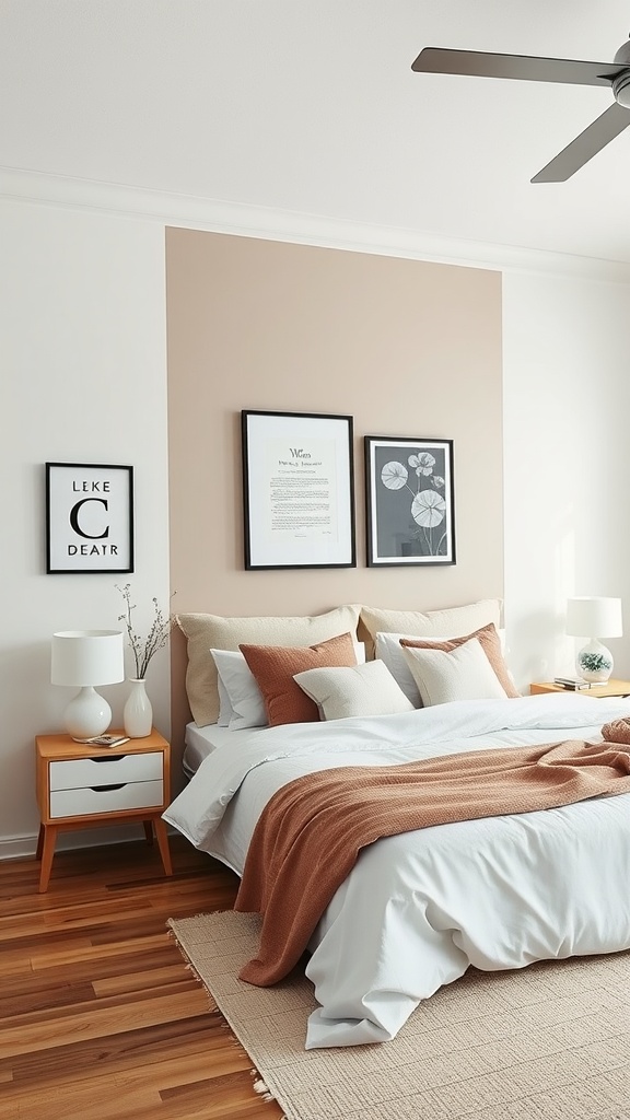 A cozy bedroom featuring beige and white colors, with an accent wall, soft bedding, and decorative items.