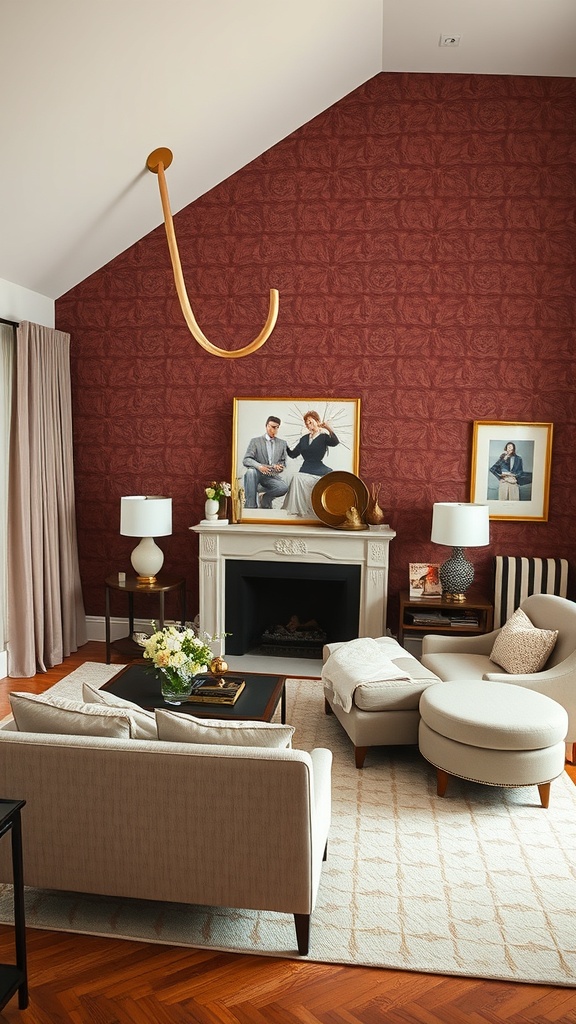 A formal living room featuring a burgundy accent wall, modern furniture, and decorative artwork.