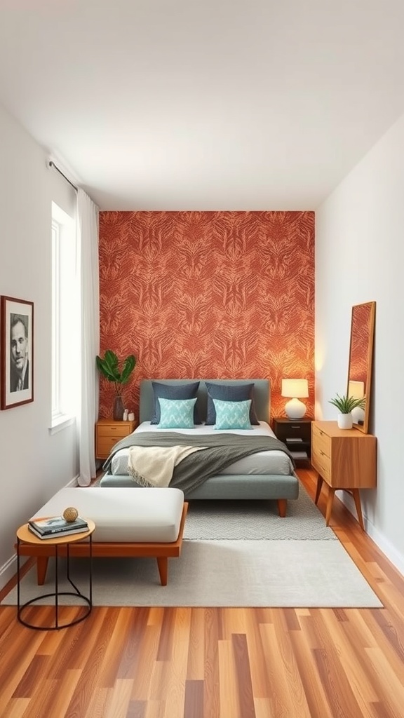 A long narrow bedroom featuring a warm textured accent wall, stylish furniture, and cozy decor.