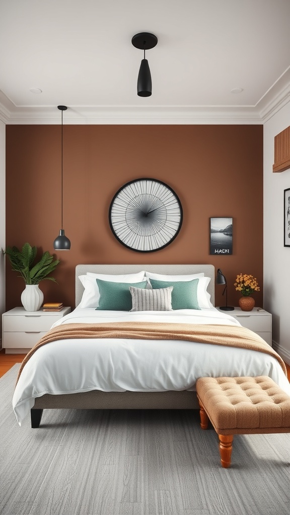 A small bedroom featuring a king bed with a brown accent wall, stylish decor, and cozy lighting.