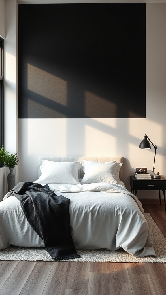A cozy monochrome bedroom featuring a dark accent wall, white bedding, and natural light.
