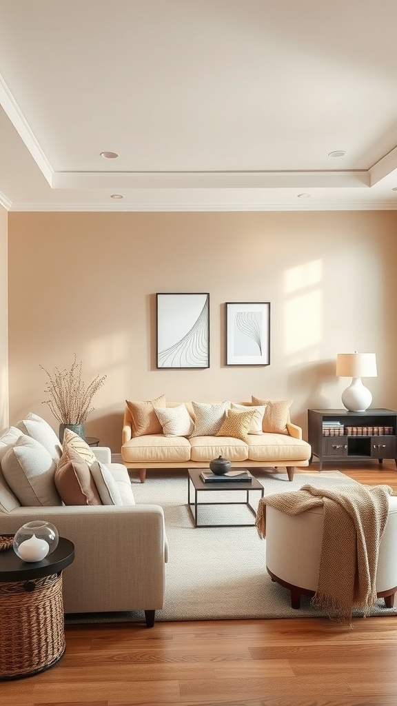 A beige living room featuring an accent wall, cozy furniture, and soft decor.
