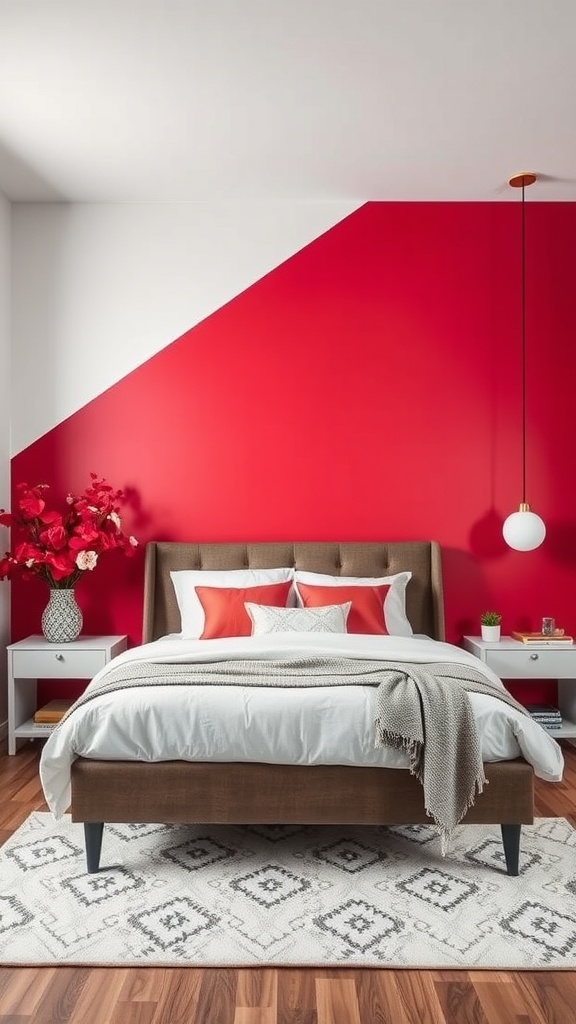 A stylish bedroom featuring a red and white accent wall, a cozy bed with decorative pillows, and modern decor.