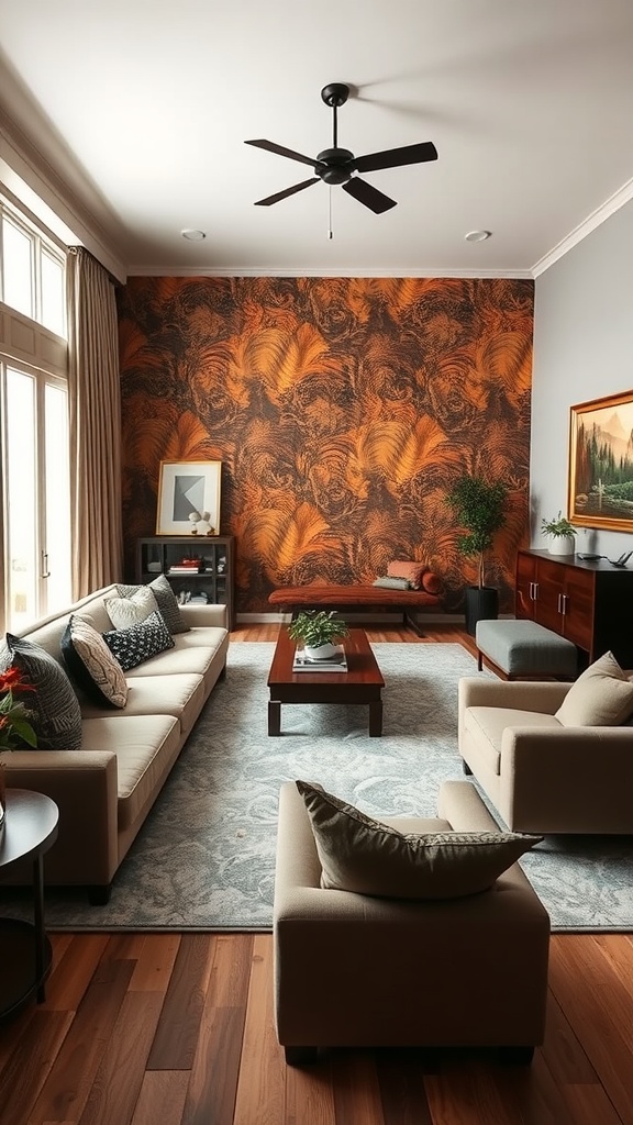 Living room with an accent wall featuring a bold pattern, showcasing a cozy layout with neutral furniture and natural light.