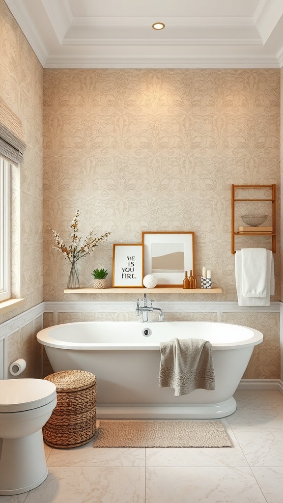 A beautifully designed bathroom with beige wallpaper featuring a floral pattern, a freestanding tub, and natural decor elements.