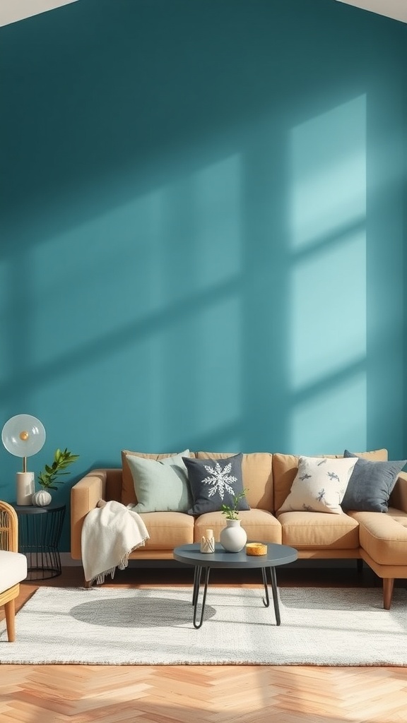 A bright teal accent wall in a family room with a beige sofa and decorative pillows.
