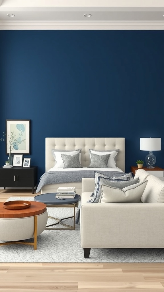 A bedroom featuring a navy blue accent wall behind a bed with light-colored furniture.