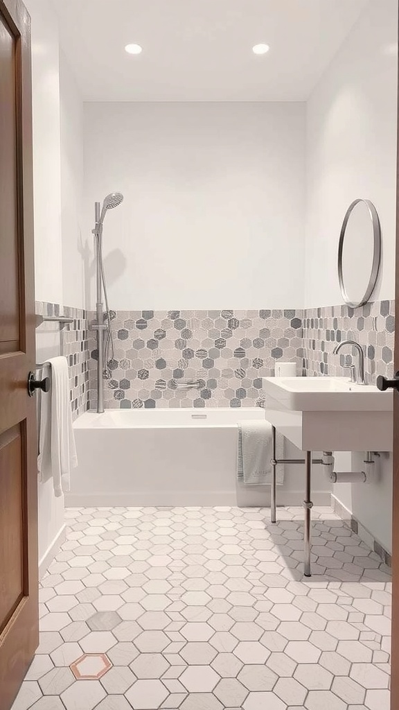 A modern bathroom with hexagon tile floor and an accent wall featuring a mix of hexagonal tiles in gray and white.