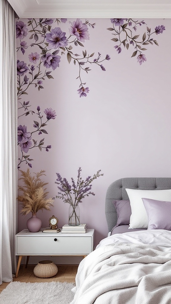 A lavender bedroom featuring floral accent wall wallpaper, a cozy bed, and decorative plants.