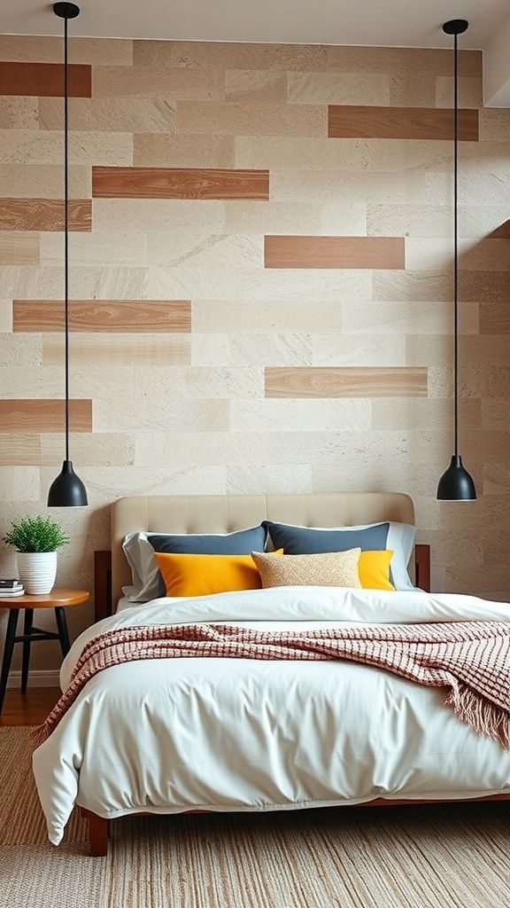 Mid-century modern bedroom with an accent wall featuring rich textures of stone and wood.