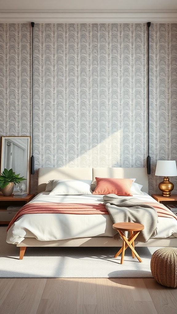 Neutral aesthetic bedroom featuring an accent wall with subtle patterns, a bed with soft bedding, and plants.