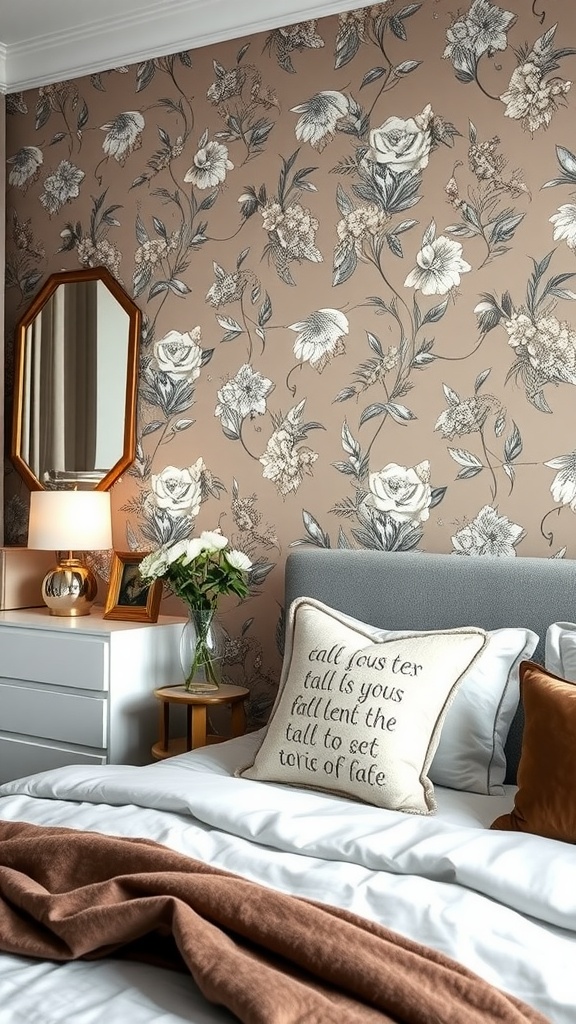 A cozy bedroom featuring taupe wallpaper with floral patterns, a gray headboard, and warm bedding.