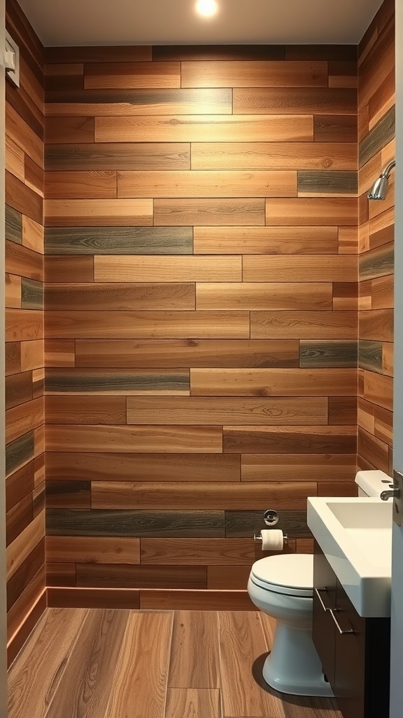 Wood paneling accent wall in a modern rustic bathroom