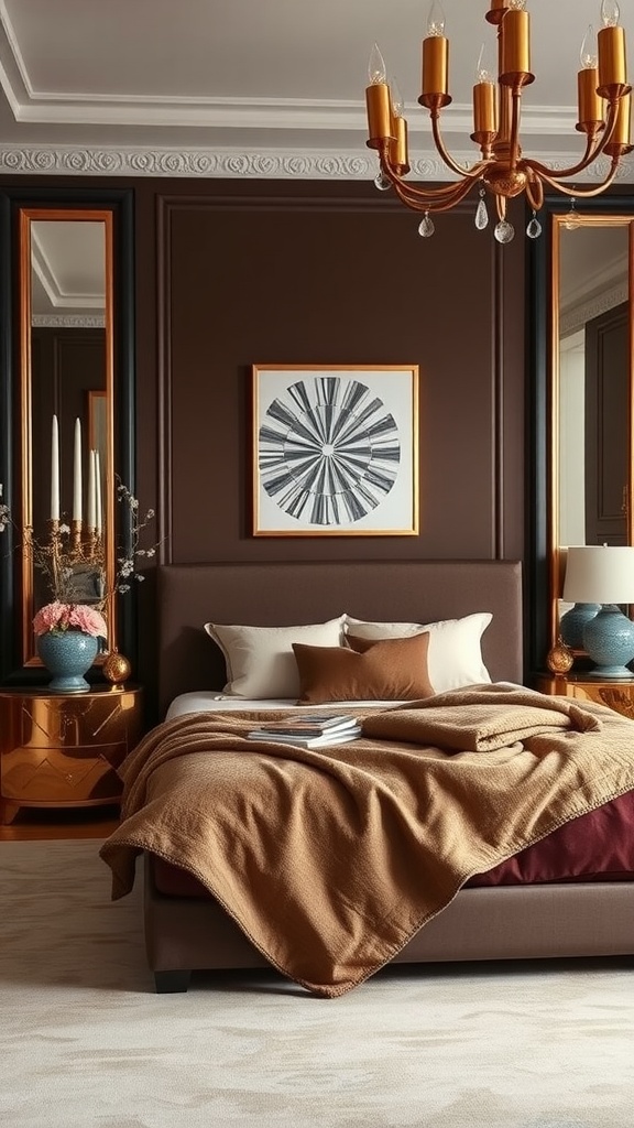 A cozy chocolate-themed bedroom with gold and cream accents, featuring a chandelier, decorative mirrors, and warm bedding.