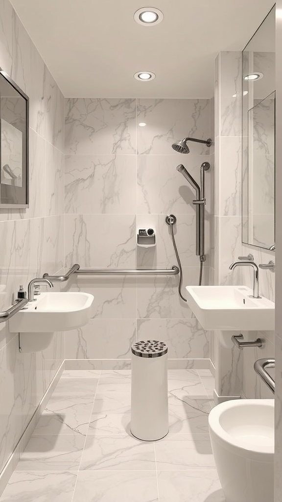 Modern accessible bathroom with grab bars, spacious layout, and stylish design.