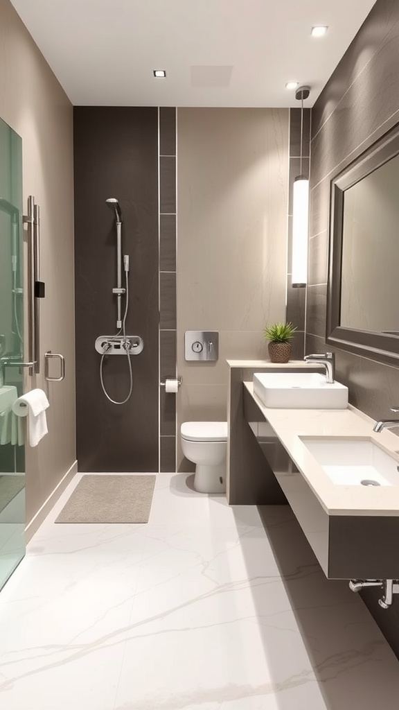 Modern bathroom featuring a walk-in shower, accessible vanity, and elegant design elements.