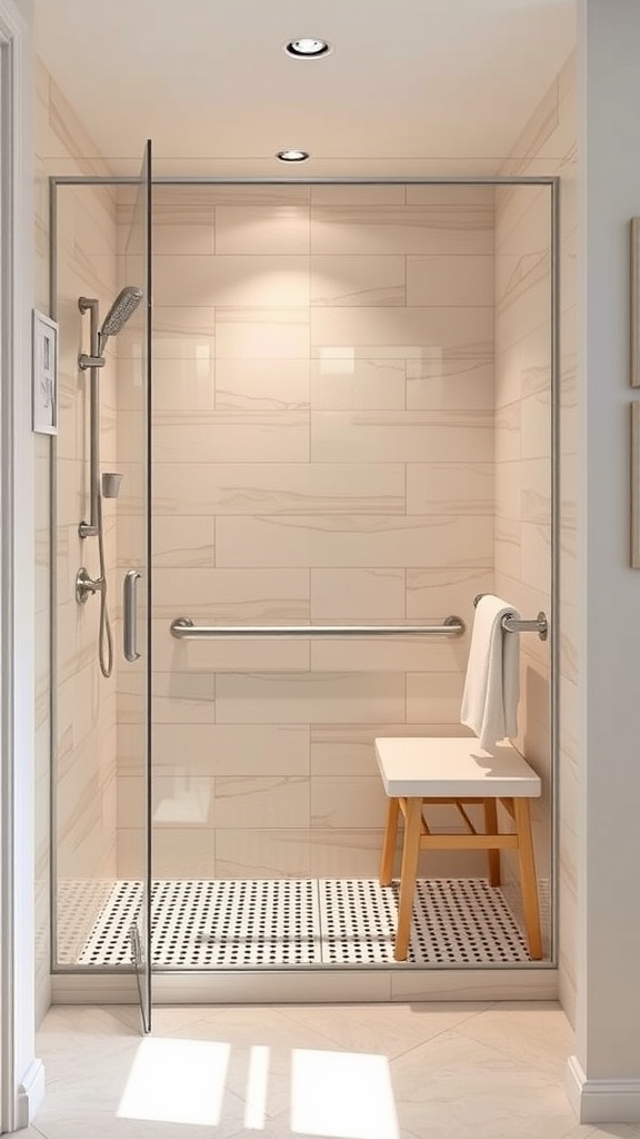 A modern accessible walk-in shower with grab bars and a bench.