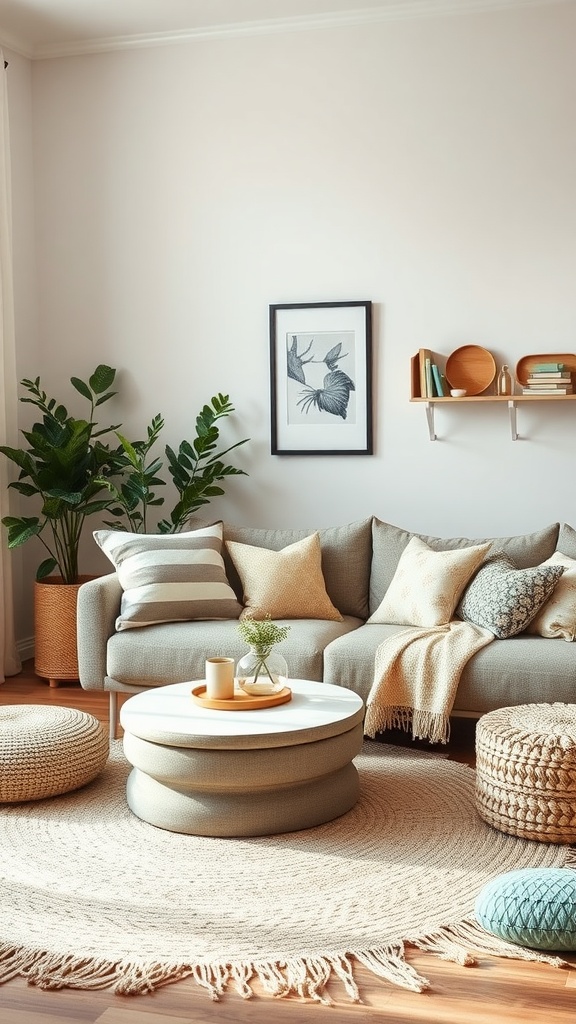 A cozy living room with a playroom feel, featuring a light sofa, a round coffee table, and various accessories like cushions and poufs.