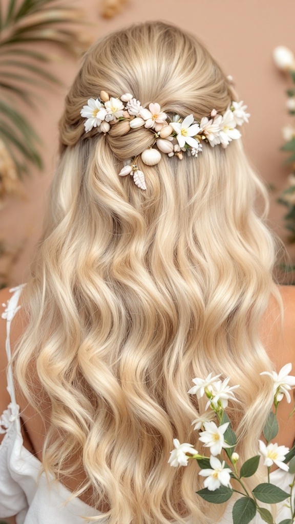 A hairstyle featuring beach blonde hair decorated with flowers and seashells.