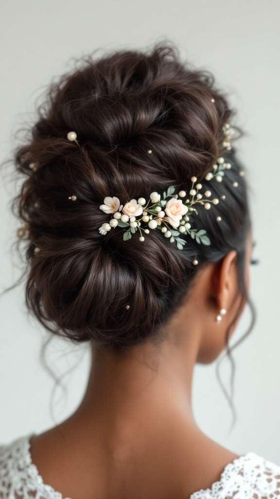 Accessorized high bun hairstyle with flowers and pearls