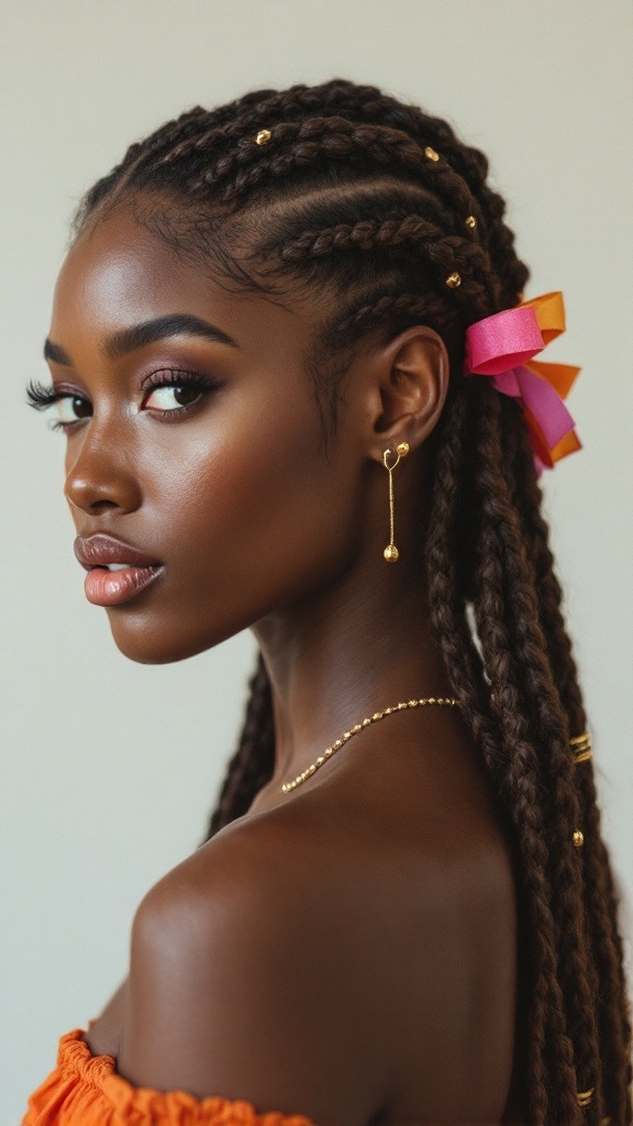 A woman with medium knotless braids adorned with gold beads and colorful ribbons, showcasing a stylish look.