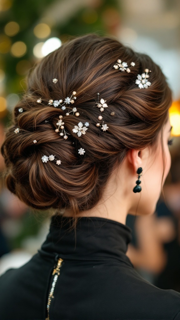 An elegant dark-haired updo with floral hair accessories, styled to complement a high neck dress.