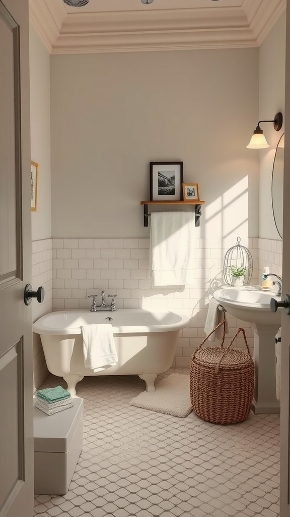 A cozy bathroom with hexagon tile floor, bathtub, wall shelf, and decorative accents.
