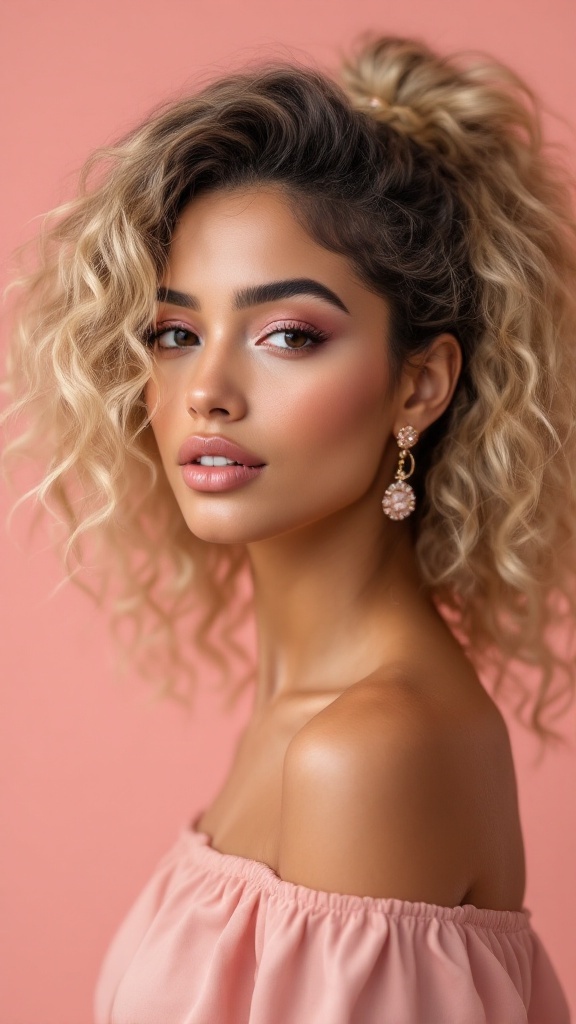 A woman with curly hair and blonde highlights, wearing large earrings, against a pink background.