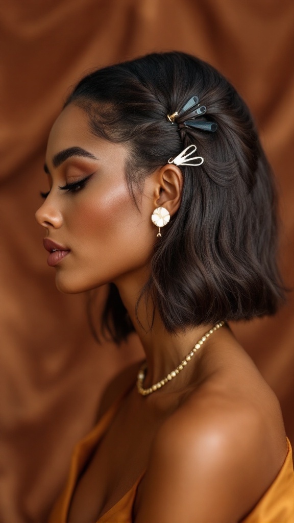 A woman with medium butterfly cut hair, featuring stylish hairpins and elegant jewelry against a warm background.