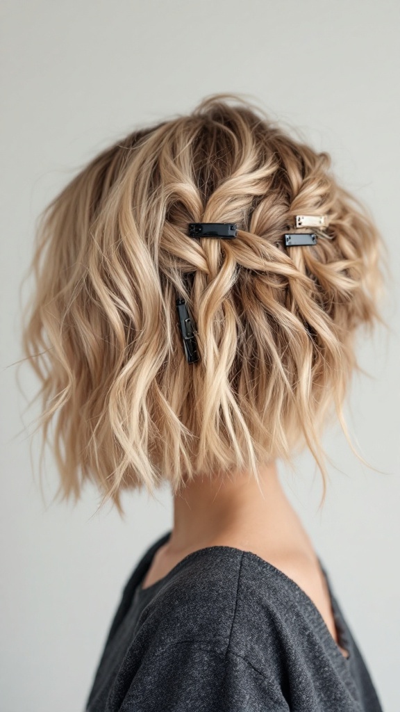 A messy bob hairstyle adorned with hair clips for a stylish look.