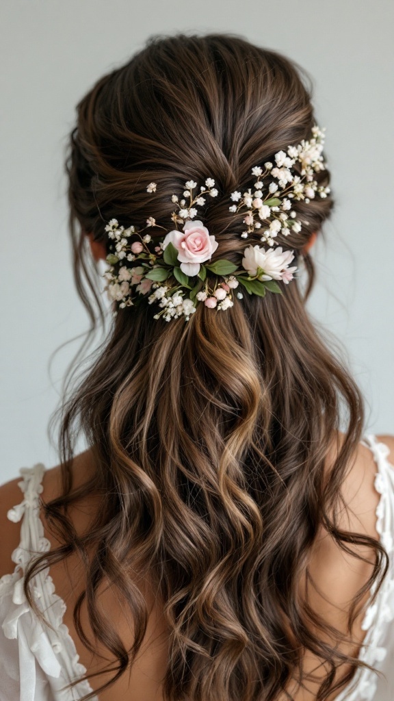 A half up half down hairstyle with bangs, adorned with floral accessories.