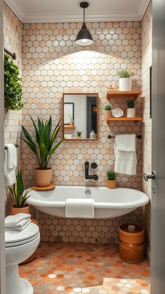 Stylish penny tile bathroom with plants, shelves, and modern lighting