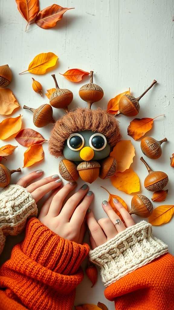 A craft project featuring an acorn cap creature surrounded by colorful autumn leaves.